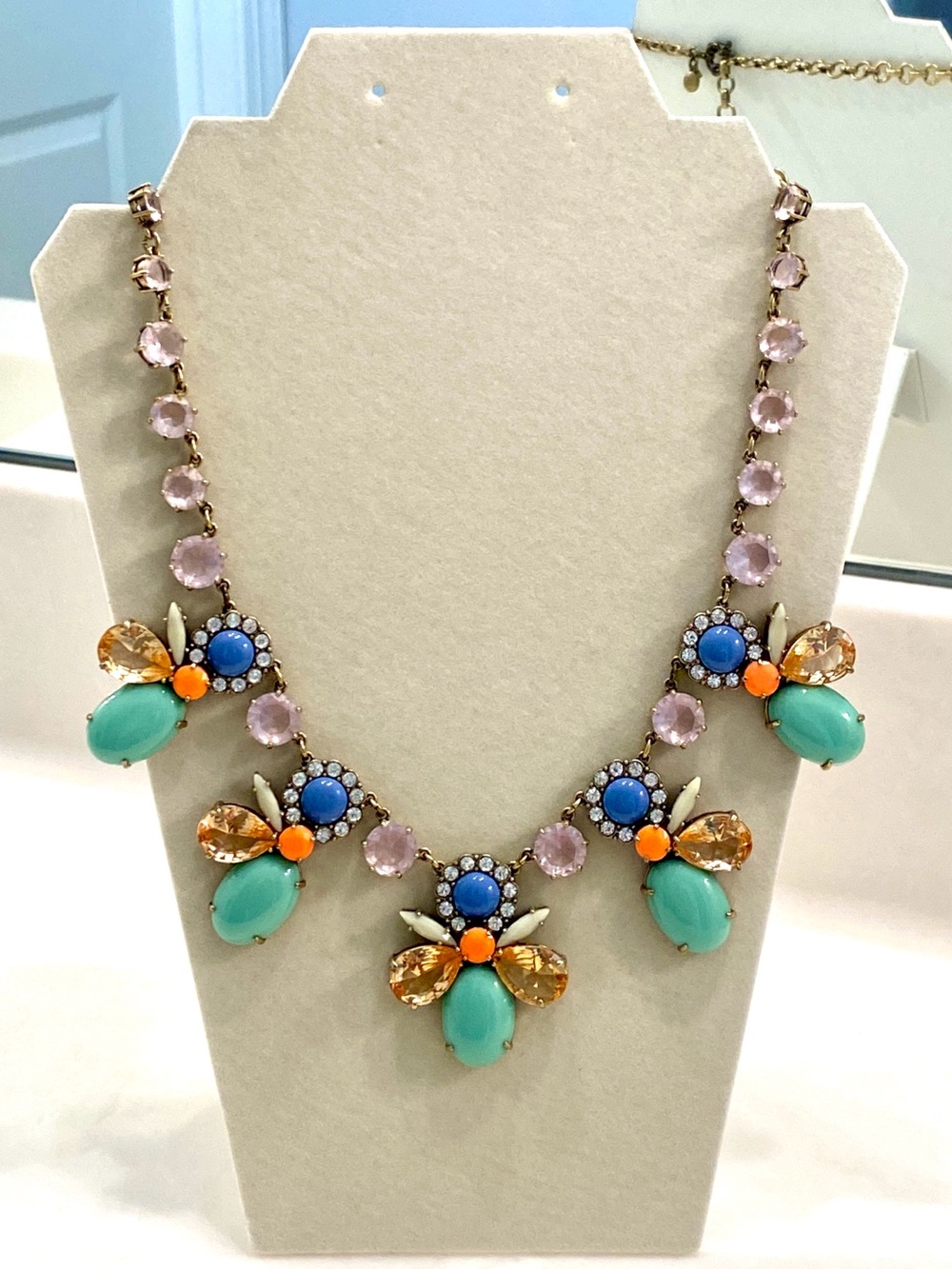 J Crew Bug Beetle Cicada Statement Necklace Mint Blue Pink Orange Gold Bib - Picture 2 of 7